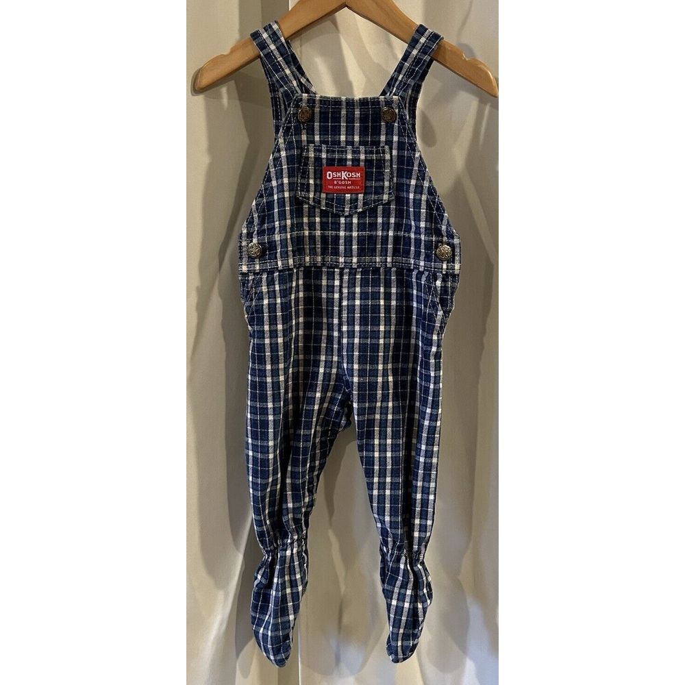 OshKosh Vintage‎ 6-9 Months Vestbak Baby Blue Plaid Footed Overalls Made in USA